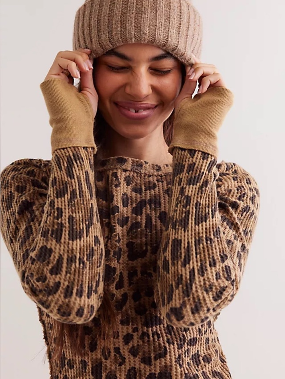 ❤️ Free People x We The Free Pretty Little Waffle Knit Leopard Print Thermal